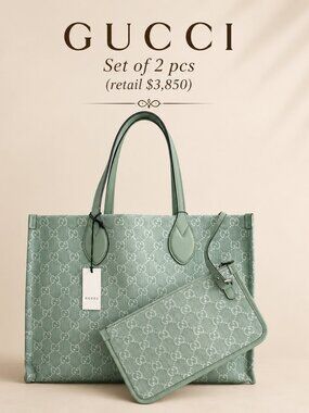 $3850 New GUCCI LG Mint Sage Green Supreme Tote with Detachable Matching Pouch